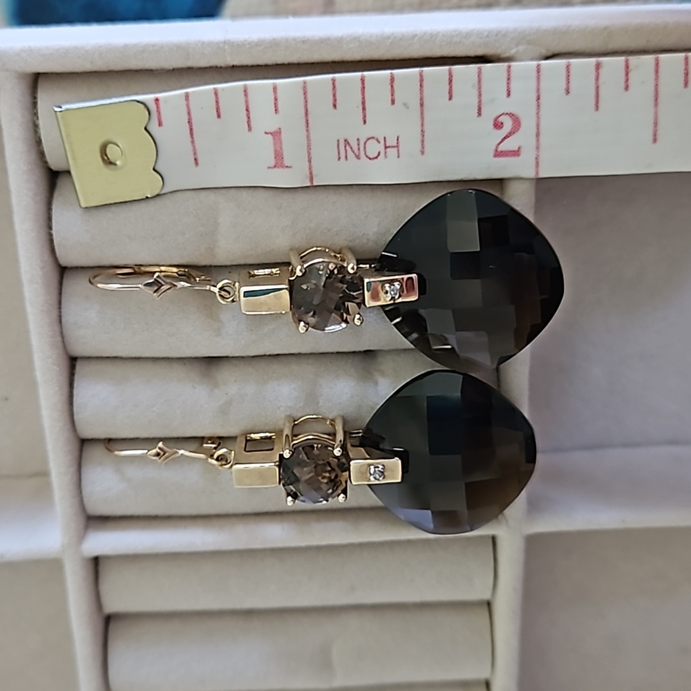 Vintage Smokey Topaz Diamond Accent Gold Drop Earrings - Picture 8 of 8